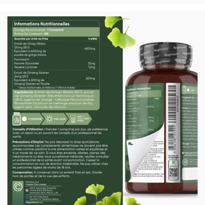 GINKGO BILOBA +GINSENG, POUR LE TROUBLE DE MÉMOIRE, FATIGUE MENTALE ET PHYSIQUE.