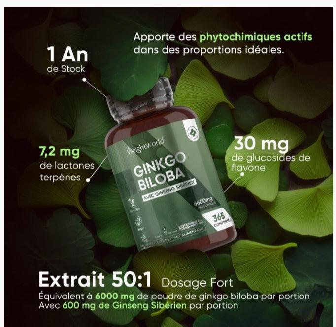 GINKGO BILOBA +GINSENG, POUR LE TROUBLE DE MÉMOIRE, FATIGUE MENTALE ET PHYSIQUE.