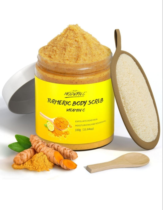 Gommage Corporel au Curcuma et Vitamine C, Gommage Exfoliant, Améliore les Taches Brunes et Acné, Nettoyage en Profondeur, Lisser la peau et Eclaircir le Teint, Soins du Corps pour Hommes et Femme